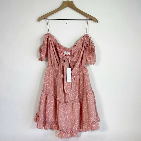 NEW Sage The Label Off Shoulder Mini Dress L Pink Polka Dot Ruffle Tiered Boho - Picture 8 of 12